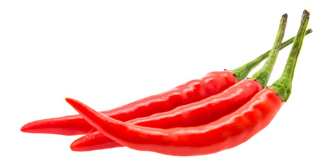 Three ripe red chili peppers cut in half on white background