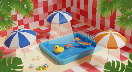 Miniature beach scene with inflatable pool and umbrellas