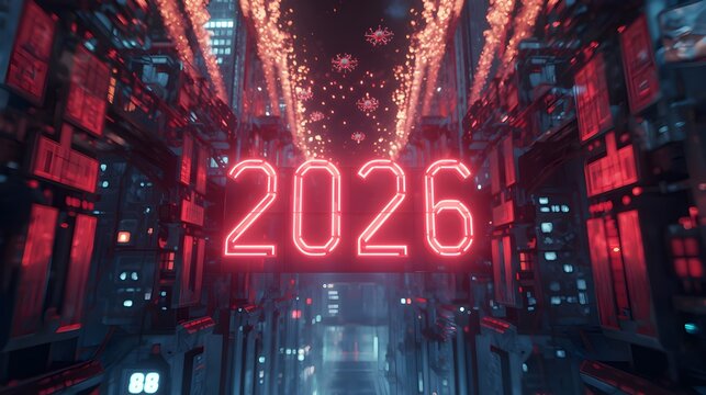 2026 Neon New Year in Futuristic Cyberpunk Cityscape