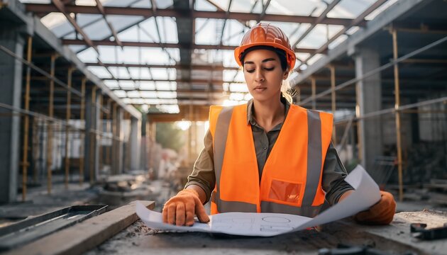 Strong hispanic female engineer or construction worker in safety vest and hard hat reviewing architectural plans on a building site - Powered by Adobe