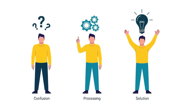 Problem Solving Process Vector Illustration: From Confusion and Processing to Idea and Successful Solution