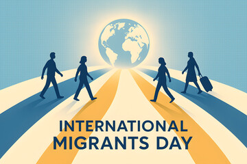 Silhouettes of people walking towards a globe for international migrants day