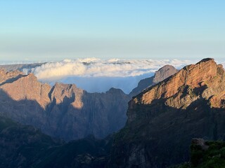Pico do Arieiro to Pico Ruivo trek mysty landscape in Madeira island, Portugal
