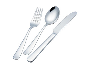 Polished Silver Cutlery Set Including Fork Spoon and Knife Isolated on Transparent Background Clean Modern Utensils Ready for Dining Presentation