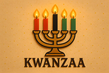 A symbolic kwanzaa kinara with seven lit candles against a textured background