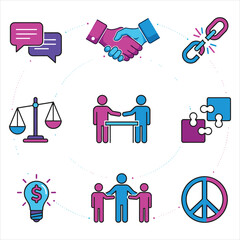 Essential icons for business, communication, justice, and peace. isolated on white background, Vector