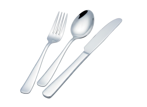 Polished Silver Cutlery Set Including Fork Spoon and Knife Isolated on Transparent Background Clean Modern Utensils Ready for Dining Presentation