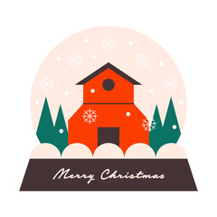 Christmas snowglobe. Magic winter holiday crystal ball with falling snow and xmas landscape and house, new year retro transparent souvenir. Vector cartoon illustration