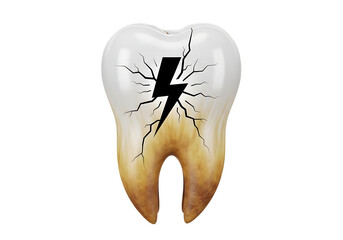 Damaged tooth isolated on transparent background with a lightning bolt crack