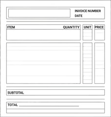 Blank invoice or receipt form template with fields for item description, quantity, unit price, and total value