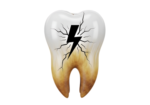 Damaged tooth isolated on transparent background with a lightning bolt crack
