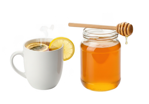 Steaming hot tea with lemon and honey jar. isolated on transparent background