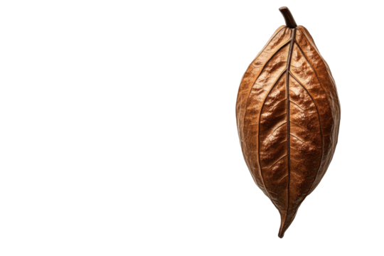 Single Cocoa leaf displayed on a white background, showcasing detail and texture, ready for use in graphic design projects
