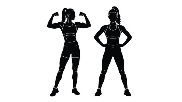 Strong fitness woman silhouette set showing muscular physique and confident pose