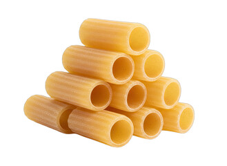 Pyramid Stack of Golden Rigatoni Pasta Tubes with Textured Surface Isolated on Black Background Studio Shot Macro Detail