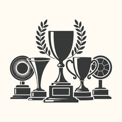 Vector art of collection of various trophies and awards, symbolizing achievement and victory, presented in a stylized graphic