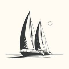 Vector art of two sailboats racing on the water under a bright sun, a classic maritime scene