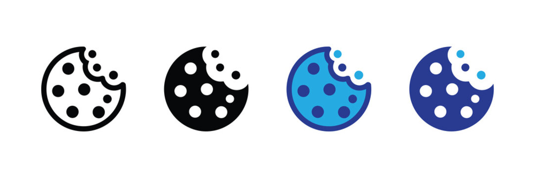 Set of four bitten cookie icons in different styles: outline, filled, blue, and navy blue, isolated on white background