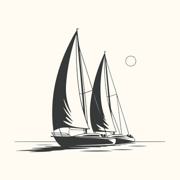 Vector art of two sailboats racing on the water under a bright sun, a classic maritime scene