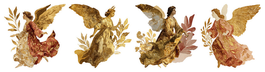 PNG Vintage angelic figures with wings, element set on transparent background