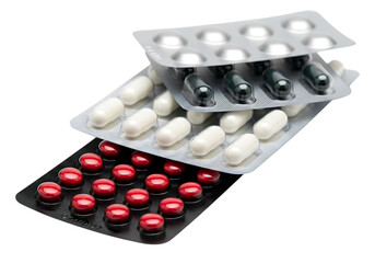 Stack of colorful medicine capsules in blister packs isolated on transparent background