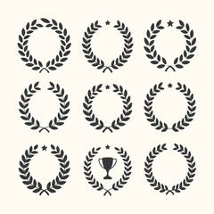 Vector art of collection of nine laurel wreath icons, , representing victory, achievement, and success in various forms