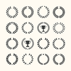 Vector art of collection of laurel wreaths and trophy icons, symbolizing achievement, victory, and recognition, isolated on a light background