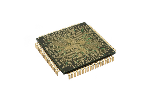 Computer chip circuitry with golden pins isolated on transparent background