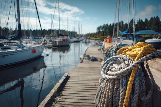 Serene marina scene with sailboats bobbing gently on the calm water at dawn, showcasing the beauty of nature and boating life