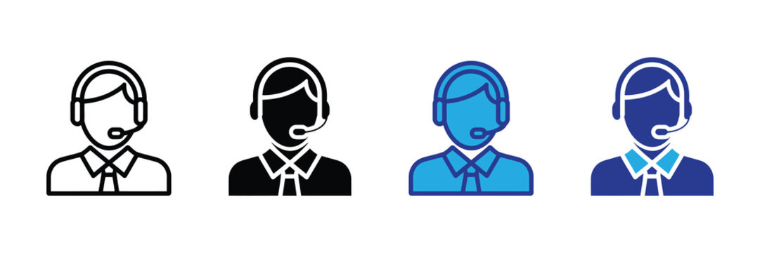 Customer service representative icon set with headset and tie in outline, solid, and color variations for professional communication and support themes.