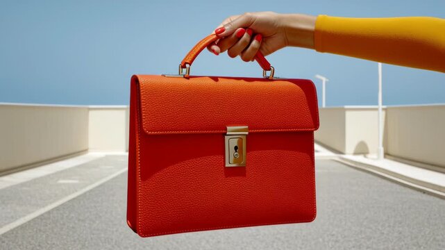 Hand holding vibrant orange handbag against a clear blue sky, showcasing stylish design and craftsmanship, with a gradual zoom in emphasizing the bag's details and elegance