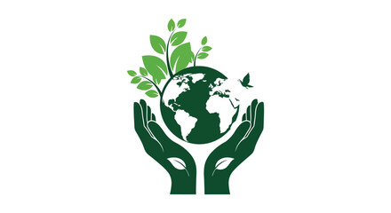 Hands holding earth with growing plant silhouette