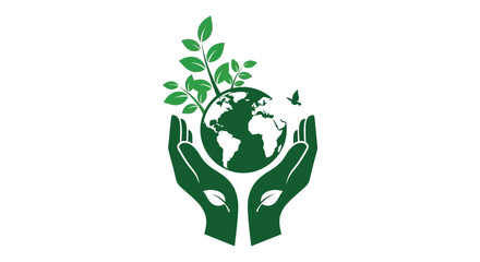 Hands holding earth with growing plant and bird silhouette