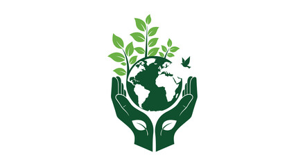 Hands holding earth with plants and bird green ecology concept silhouette