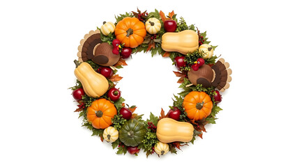 Festive Thanksgiving Wreath Decorated with Pumpkins, Apples, and Turkey Decorations