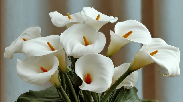 Elegant bouquet of white calla lilies with vibrant orange centers, captured in a gradual zoom, showcasing delicate petals and lush green leaves, creating a serene floral ambiance