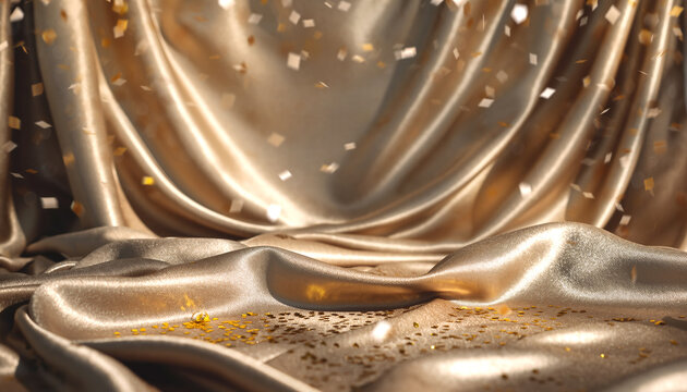 Luxurious golden silk drapery with bokeh sparkles for celebration (お祝いのためのボケ味のある輝きとラグジュアリーな金色のシルクのドレープ)