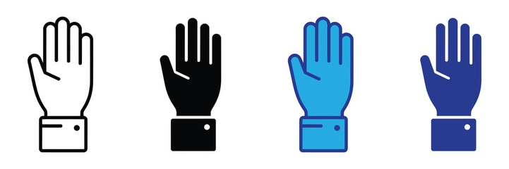 Collection of stylized hand icons showing open palm, stop gesture, and different graphic styles including outline, silhouette, and flat design.
