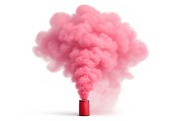Pink smoke bomb emitting thick colored fume, creating dramatic special effect on transparent background