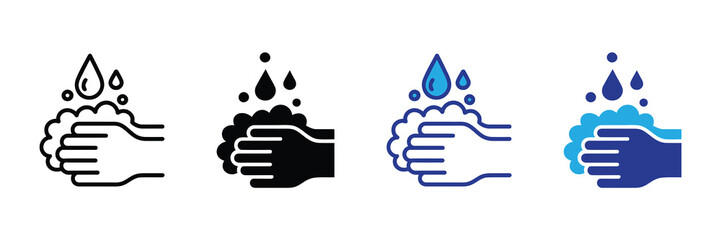 Set of four icons illustrating hand washing with soap and water, emphasizing hygiene and cleanliness in various styles.