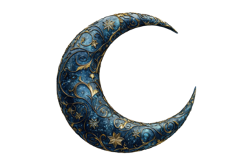Elegant crescent moon with blue and gold celestial design ornament, decorative crescent moon art, space, night, luxury style illustration, isolated against white