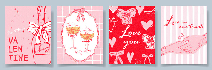 A set of Valentines Day cards. Modern design in a trendy retro hand-drawn doodle style champagne bottles, glasses, whimsical bows, hearts. Soft pink tones in banner, poster, cover, templates