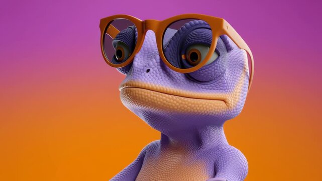 Colorful cartoon lizard character wearing stylish sunglasses, showcasing a confident expression, with a vibrant gradient background, camera zooms in to highlight facial features and details
