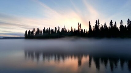 A peaceful sunrise casts gentle hues over a mist-covered lake, reflecting a silhouette of tall pine trees. the tranquil setting evokes a sense of calm and serenity, perfect for nature-themed designs o