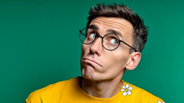 Male individual with glasses and yellow shirt displaying a range of expressions, camera pans to capture subtle changes in emotion and thoughtfulness, enhancing viewer engagement and connection
