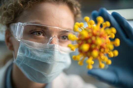 Close view of a female scientist analyzing a virus model in a lab setting during a research project focused on infectious diseases