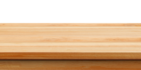 Empty light wood table surface with white background for product display