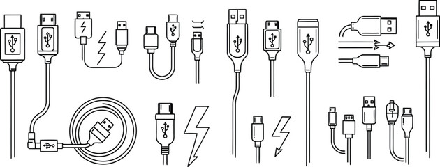 Various usb connector types and adapters in a minimalist black and white line art style