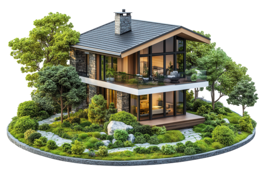 Floating two-story modern house with greenery on the roof and base, surrounded by trees and garden