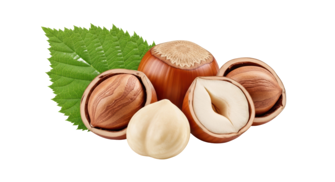 Hazelnuts with green leaf isolated on transparent background PNG, shelled and unshelled nuts for healthy snack and ingredient use